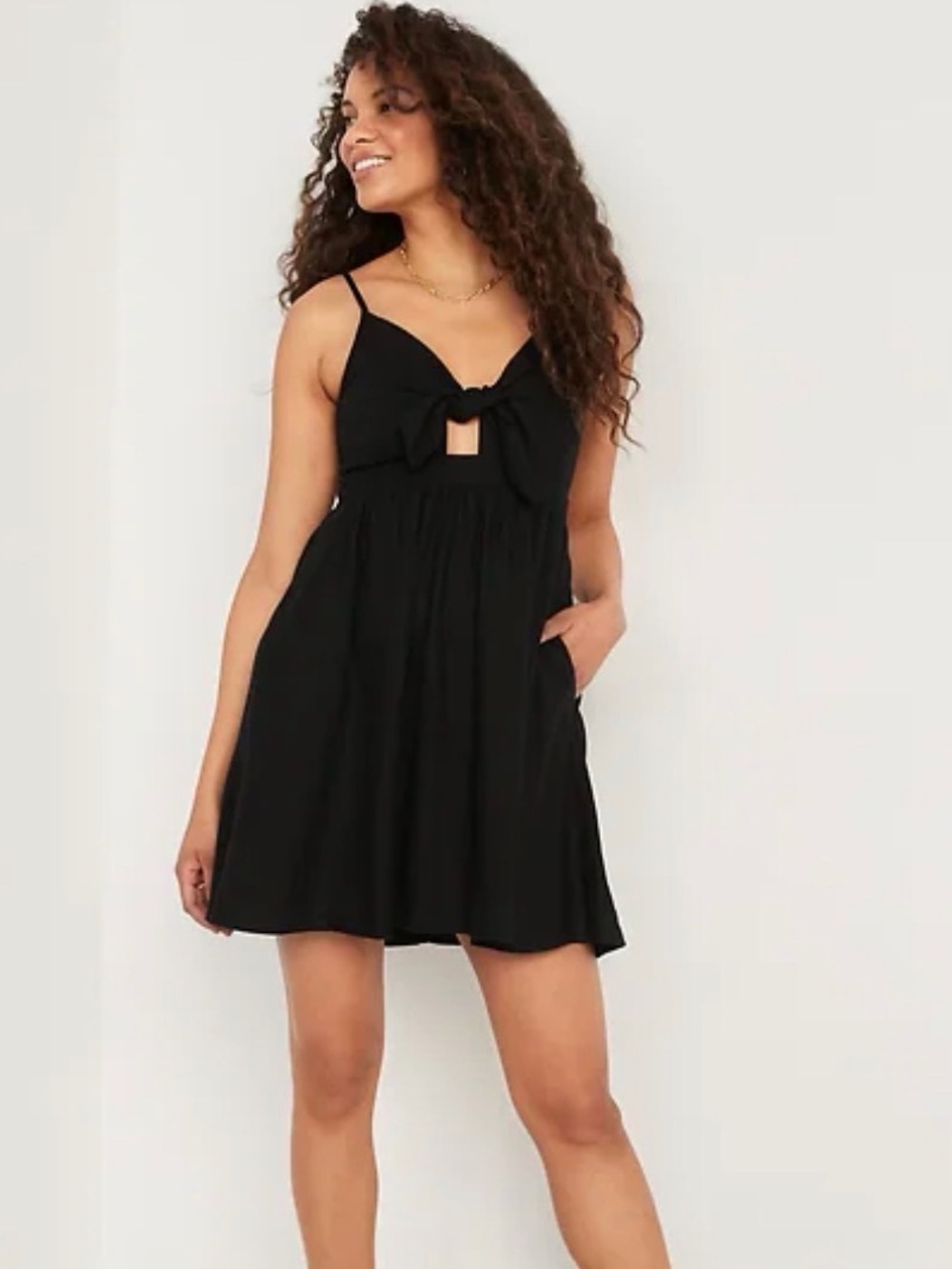 Old Navy Black Tie Front Smocked Linen Blend Mini Dress